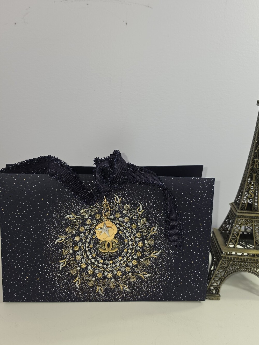 #2659, Authentic chanel holiday gift box empty with gold charm & ribbon 9 inches